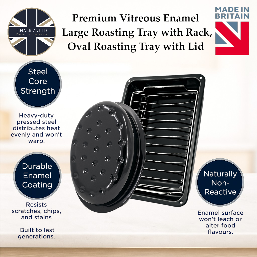 Vitreous Enamel Oval Roasting Tin with Lid & Roasting Tray with Rack (33, 37cm) - Premium Kitchen from Chabrias Ltd - Just £28.99! Shop now at Chabrias Ltd