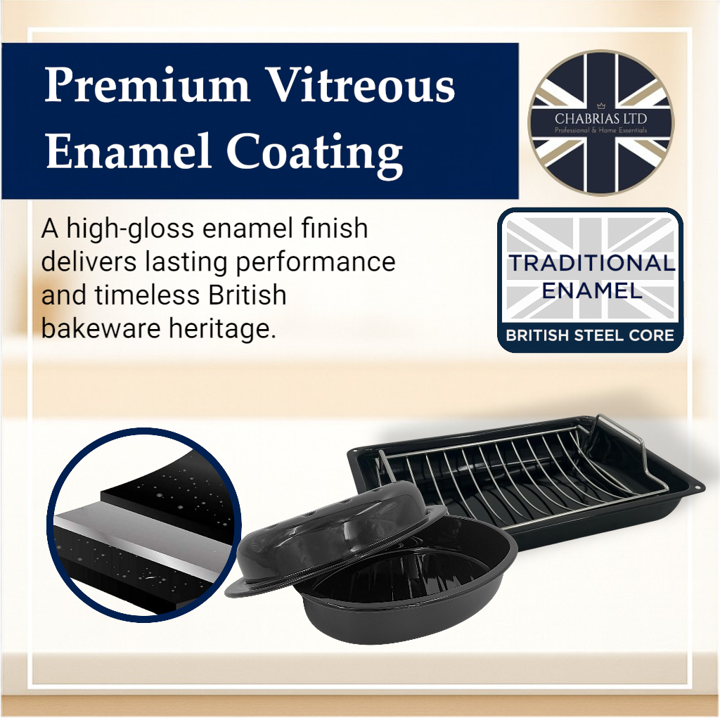 Vitreous Enamel Oval Roasting Tin with Lid & Roasting Tray with Rack (33, 37cm) - Premium Kitchen from Chabrias Ltd - Just £28.99! Shop now at Chabrias Ltd