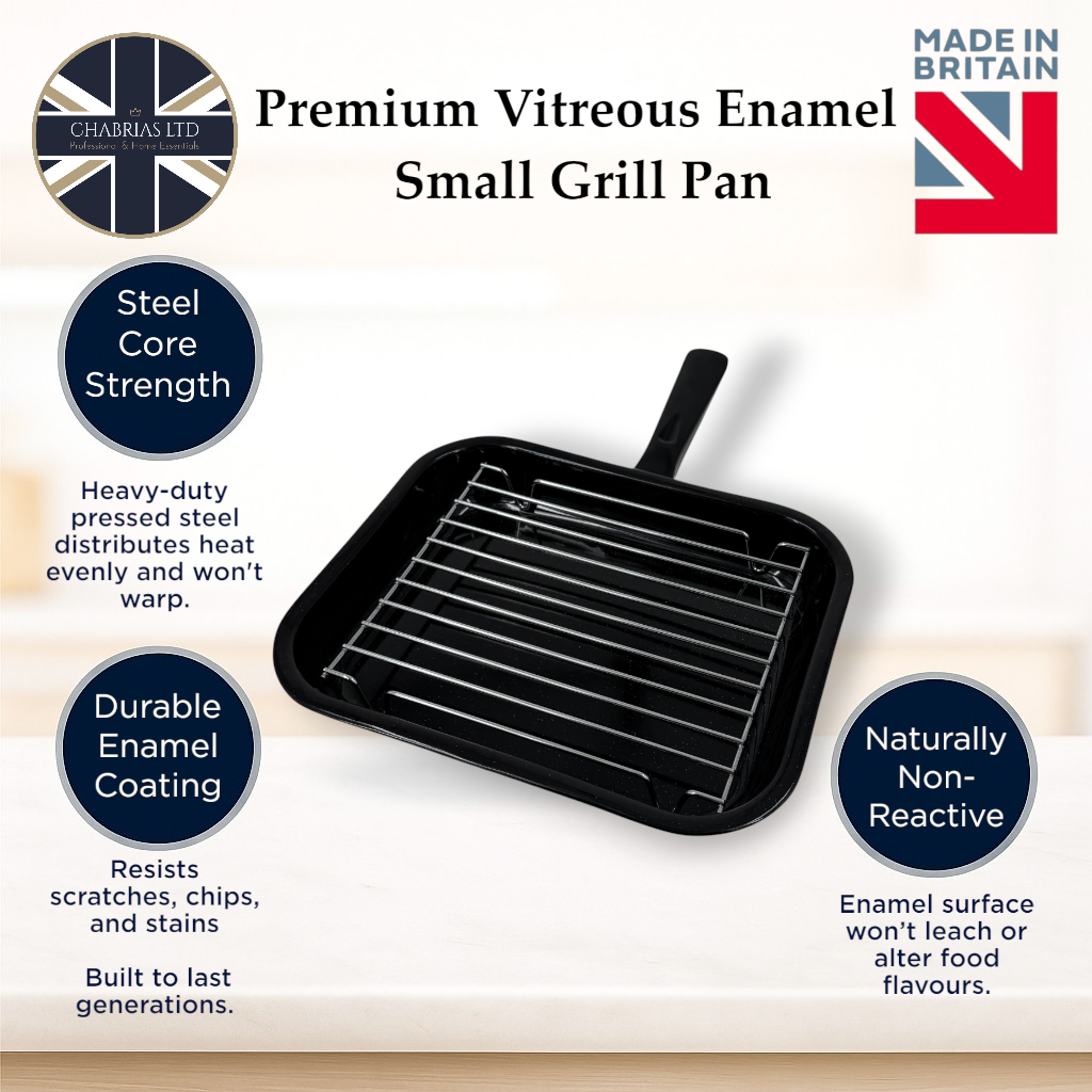 Vitreous Enamel Grill Pan, Handle & Wire Rack, Small (28cm) - Premium Kitchen from Chabrias Ltd - Just £13.99! Shop now at Chabrias Ltd