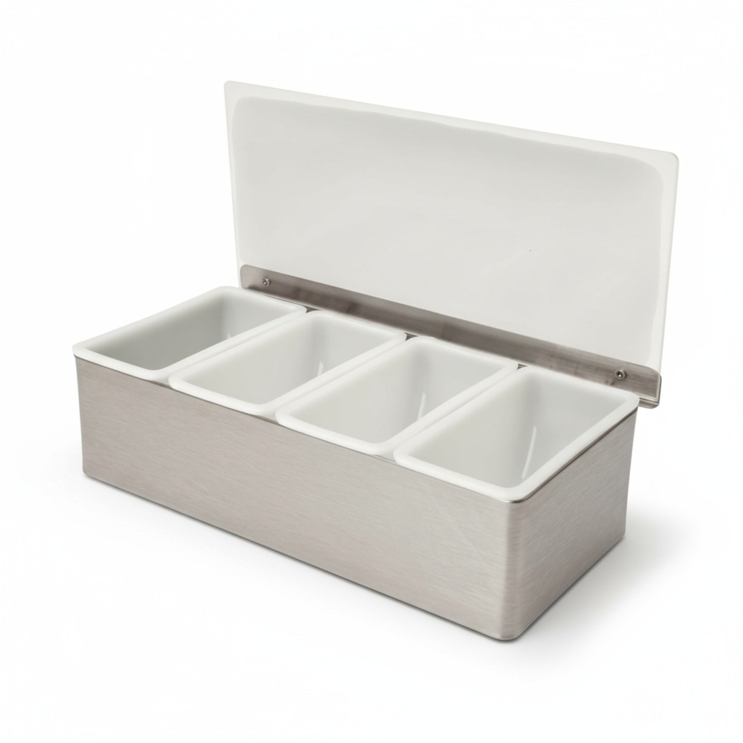 Stainless-Steel Condiment Dispenser with Transparent Lid - 4 Compartment - Professional Garnish Station for UK Bars & Catering - Premium from Chabrias Ltd - Just £14.99! Shop now at Chabrias Ltd