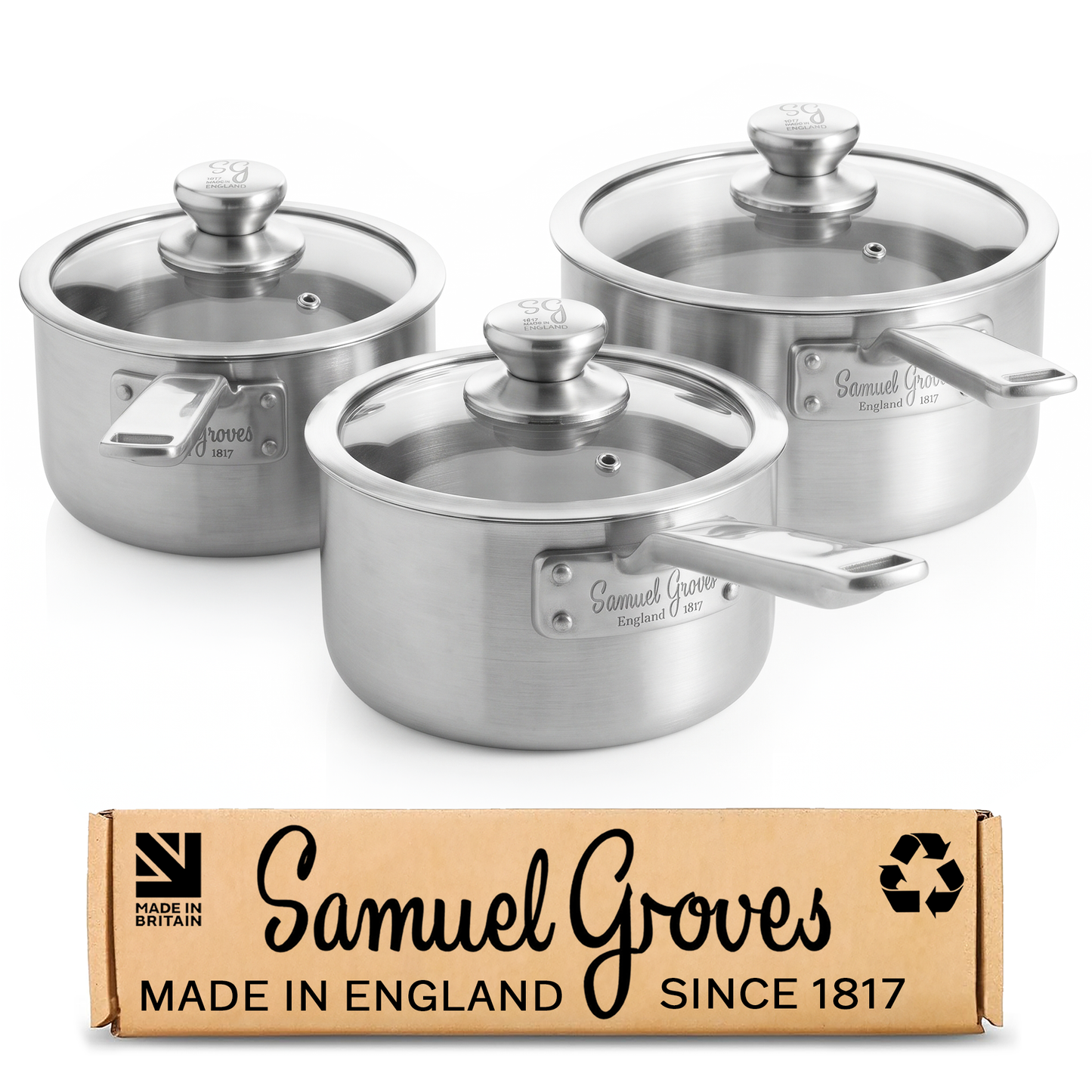 6 piece stainless steel saucepan set handmade in England with tri-ply pans and matching glass lids