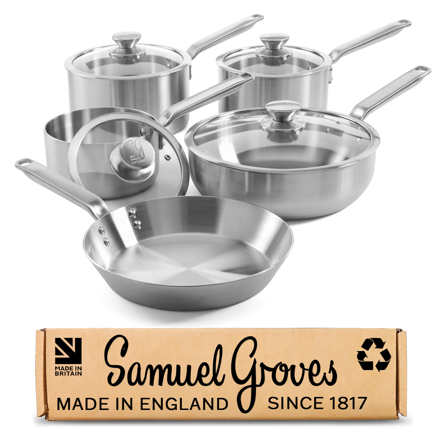9 piece stainless steel pan set handmade in England with tri-ply saucepans, frying pan and chef pan