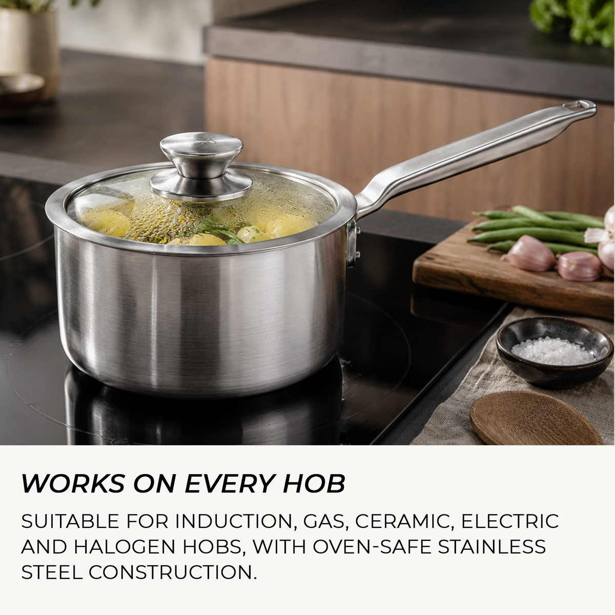 Induction compatible stainless steel saucepan with glass lid for gas, ceramic and electric hobs