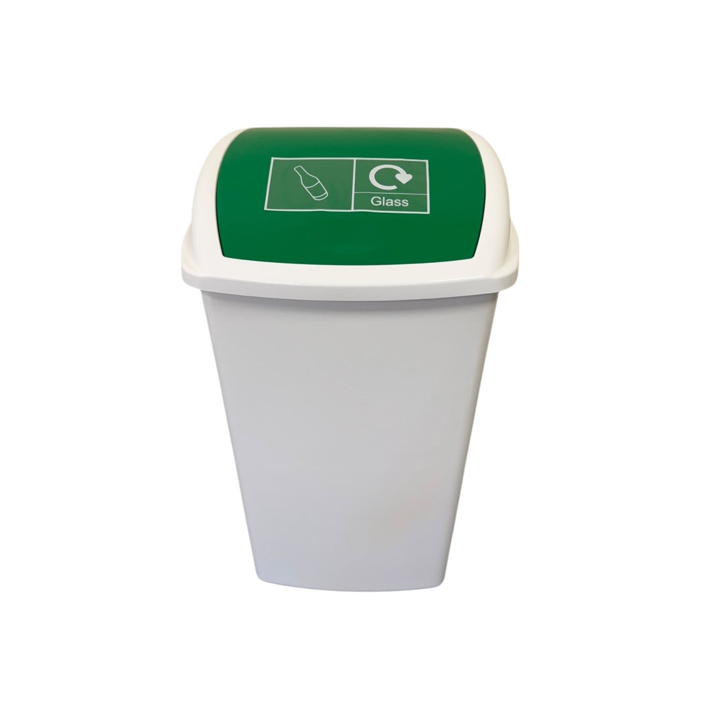 Plastic Swing Bin, White Body & Green Lid, With Glass Sticker - Premium BISS from Chabrias Ltd - Just £23.99! Shop now at Chabrias Ltd