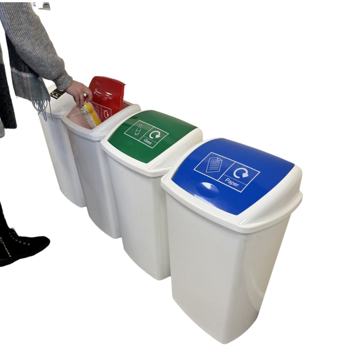 Plastic Swing Bin, White Body & WRGB Lids, With Stickers, 50L (x4) - Premium BISS from Chabrias Ltd - Just £77.99! Shop now at Chabrias Ltd