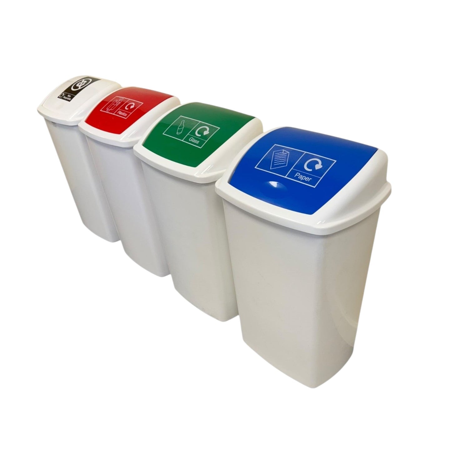 Plastic Swing Bin, White Body & WRGB Lids, With Stickers, 50L (x4) - Premium BISS from Chabrias Ltd - Just £77.99! Shop now at Chabrias Ltd