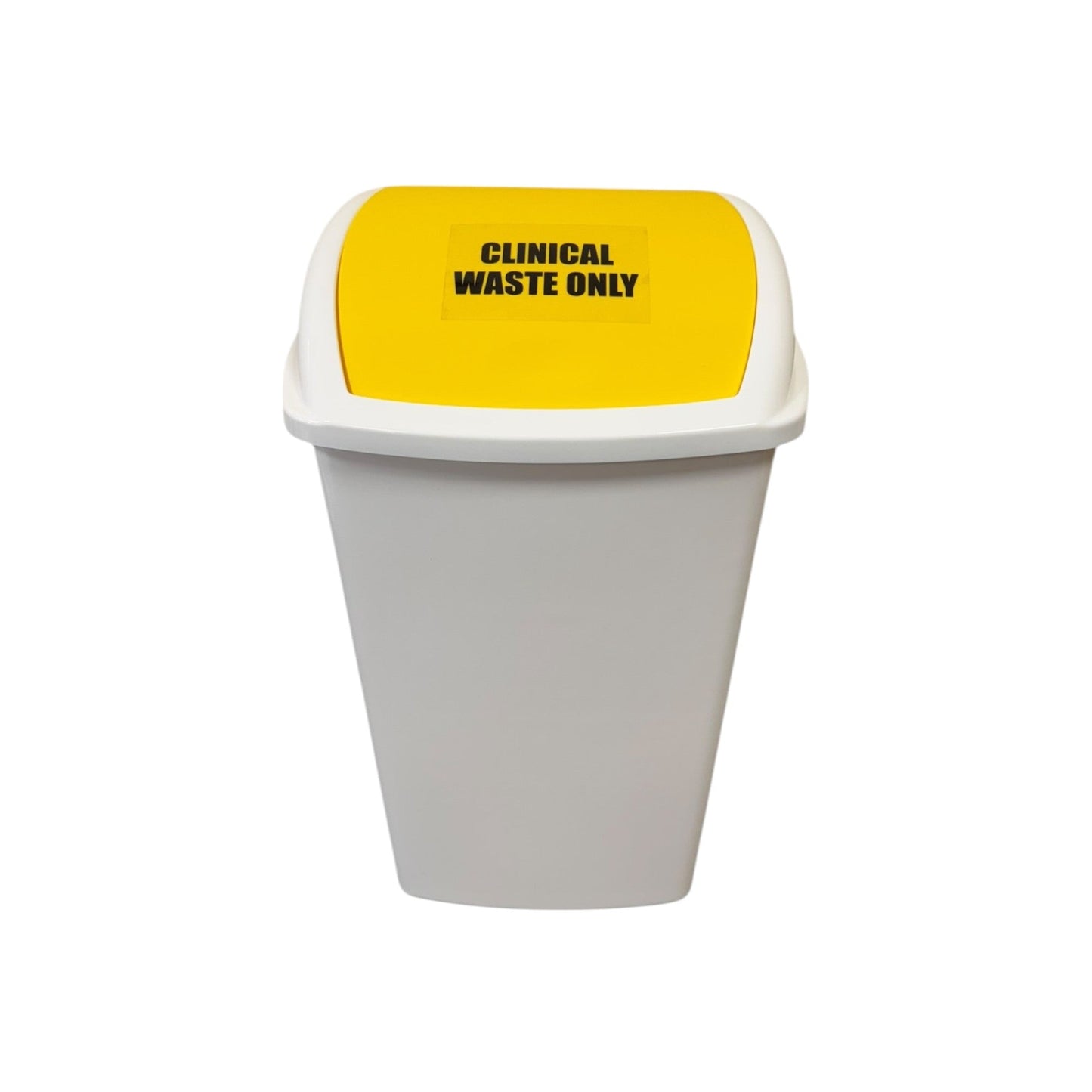 Plastic Swing Bin, White Body & Yellow Lid, With Clinical Waste Sticker, 50L - Premium BISS from Chabrias Ltd - Just £23.99! Shop now at Chabrias Ltd