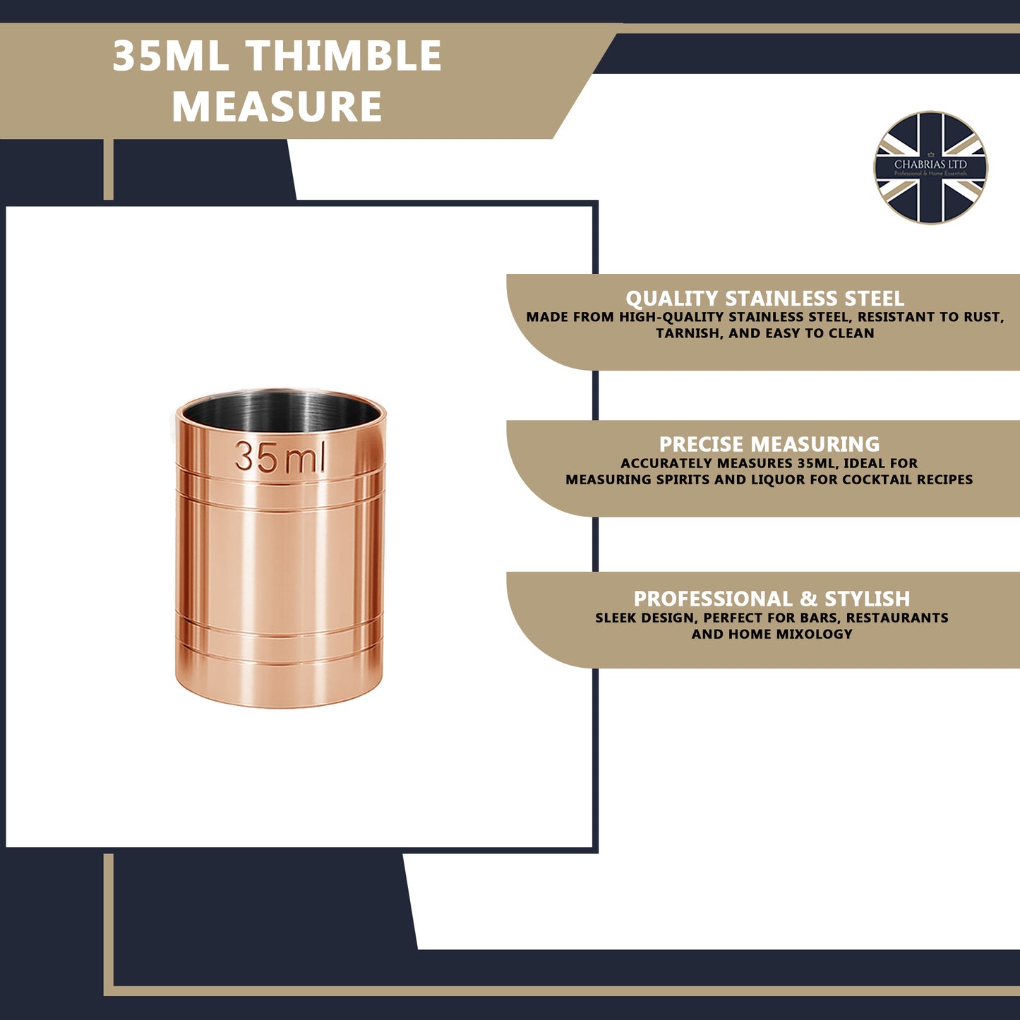Stainless Steel 35ml Thimble Measure Copper Plated, Government Stamped - Premium Kitchen from Chabrias Ltd - Just £5.49! Shop now at Chabrias Ltd