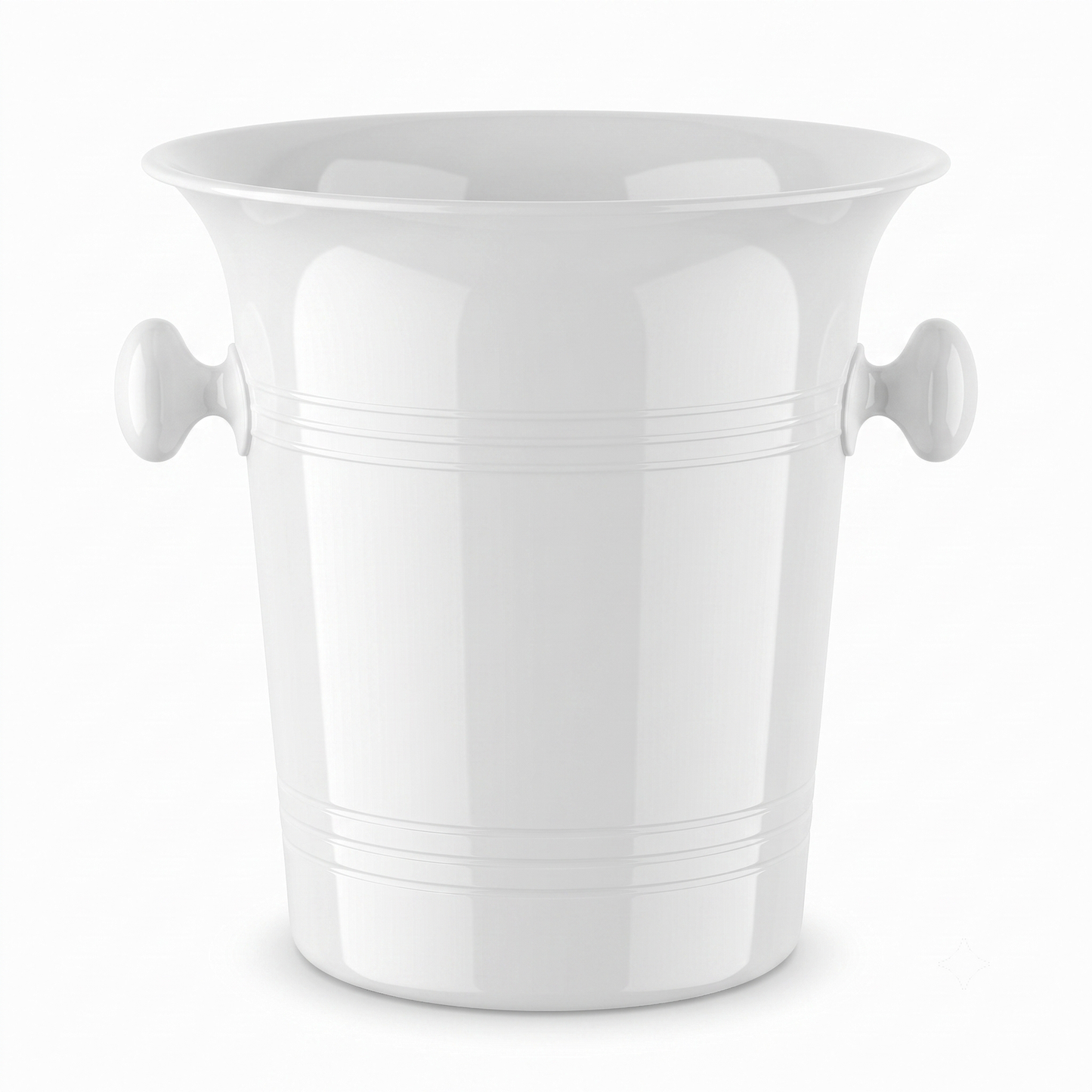 A white ice bucket with a flared rim, two round side handles, and subtle horizontal decorative ridges, shown on a clean white background.