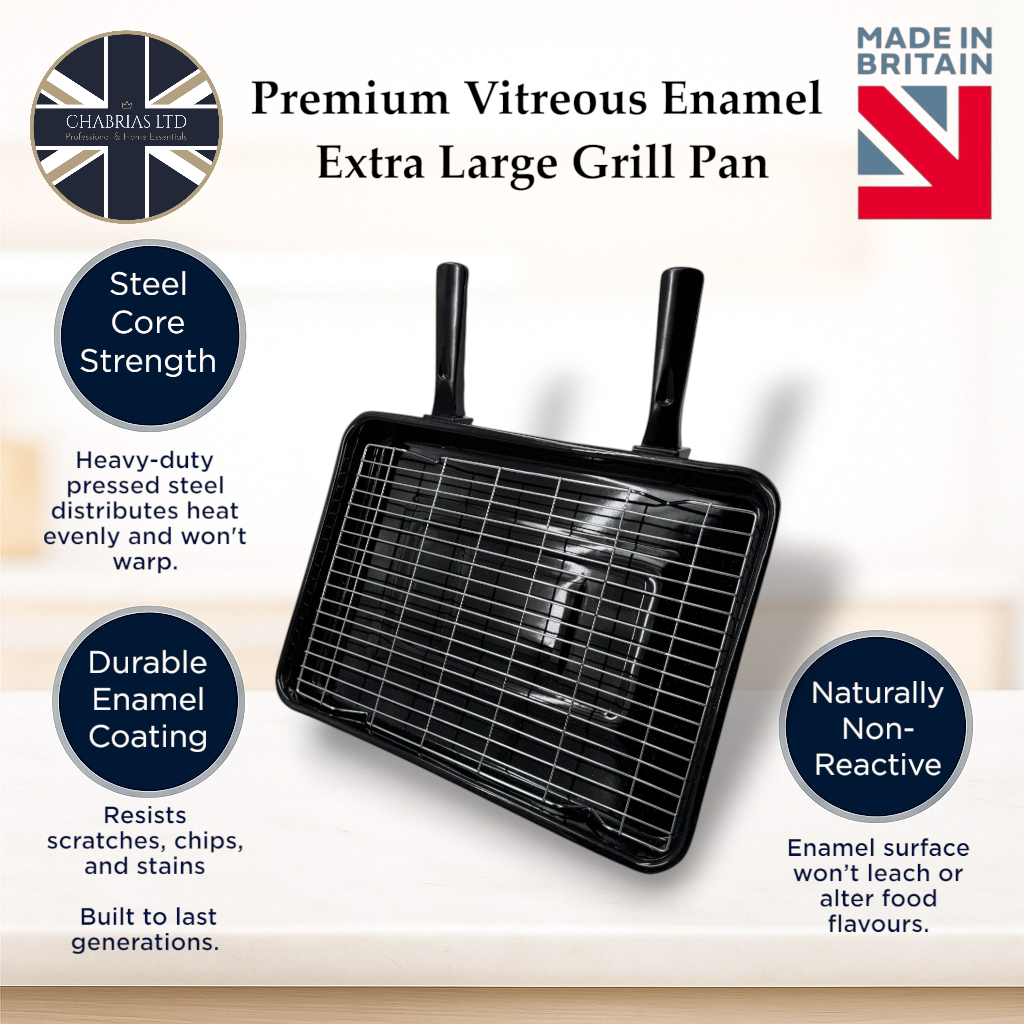 Vitreous Enamel Grill Pan, Handle & Wire Rack, Extra Large (42cm) - Premium Kitchen from Chabrias Ltd - Just £22.99! Shop now at Chabrias Ltd