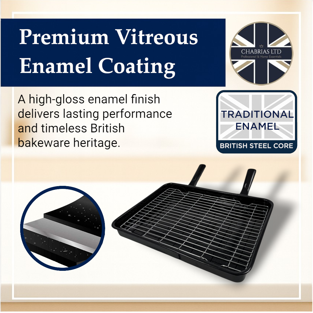 Vitreous Enamel Grill Pan, Handle & Wire Rack, Extra Large (42cm) - Premium Kitchen from Chabrias Ltd - Just £22.99! Shop now at Chabrias Ltd