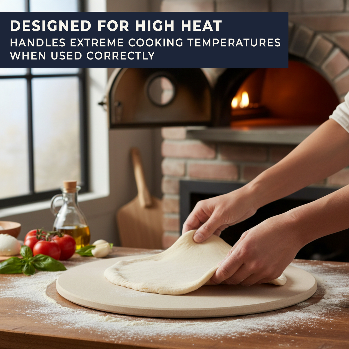 Person preparing pizza dough on a wooden board with a brick oven in the background.