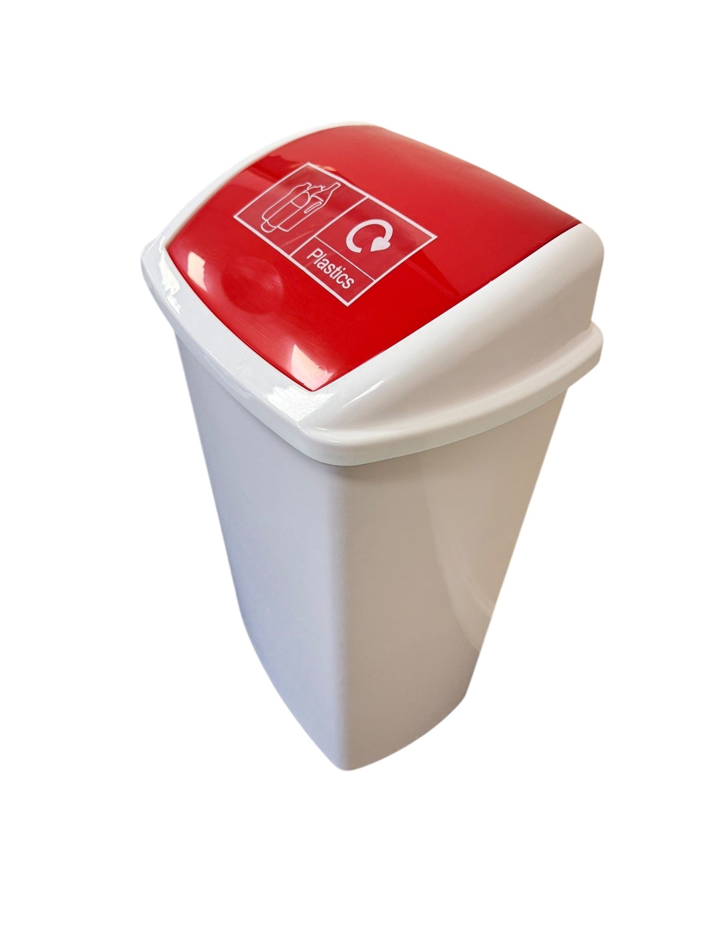 Plastic Swing Bin, White Body & Red Lid, With Plastic Sticker - Premium BISS from Chabrias Ltd - Just £21.84! Shop now at Chabrias Ltd