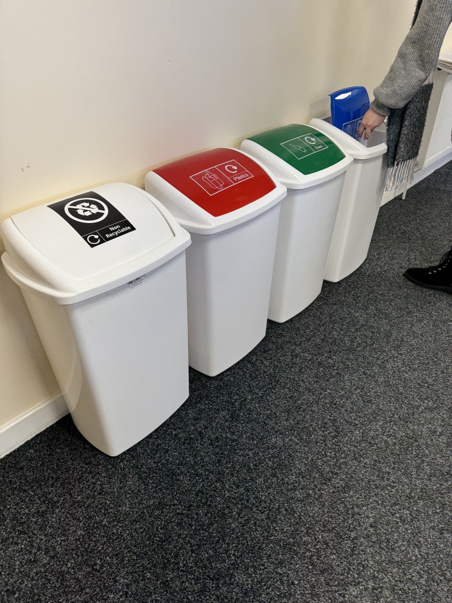 Plastic Swing Bin, White Body & WRGB Lids, With Stickers, 50L (x4) - Premium BISS from Chabrias Ltd - Just £77.99! Shop now at Chabrias Ltd