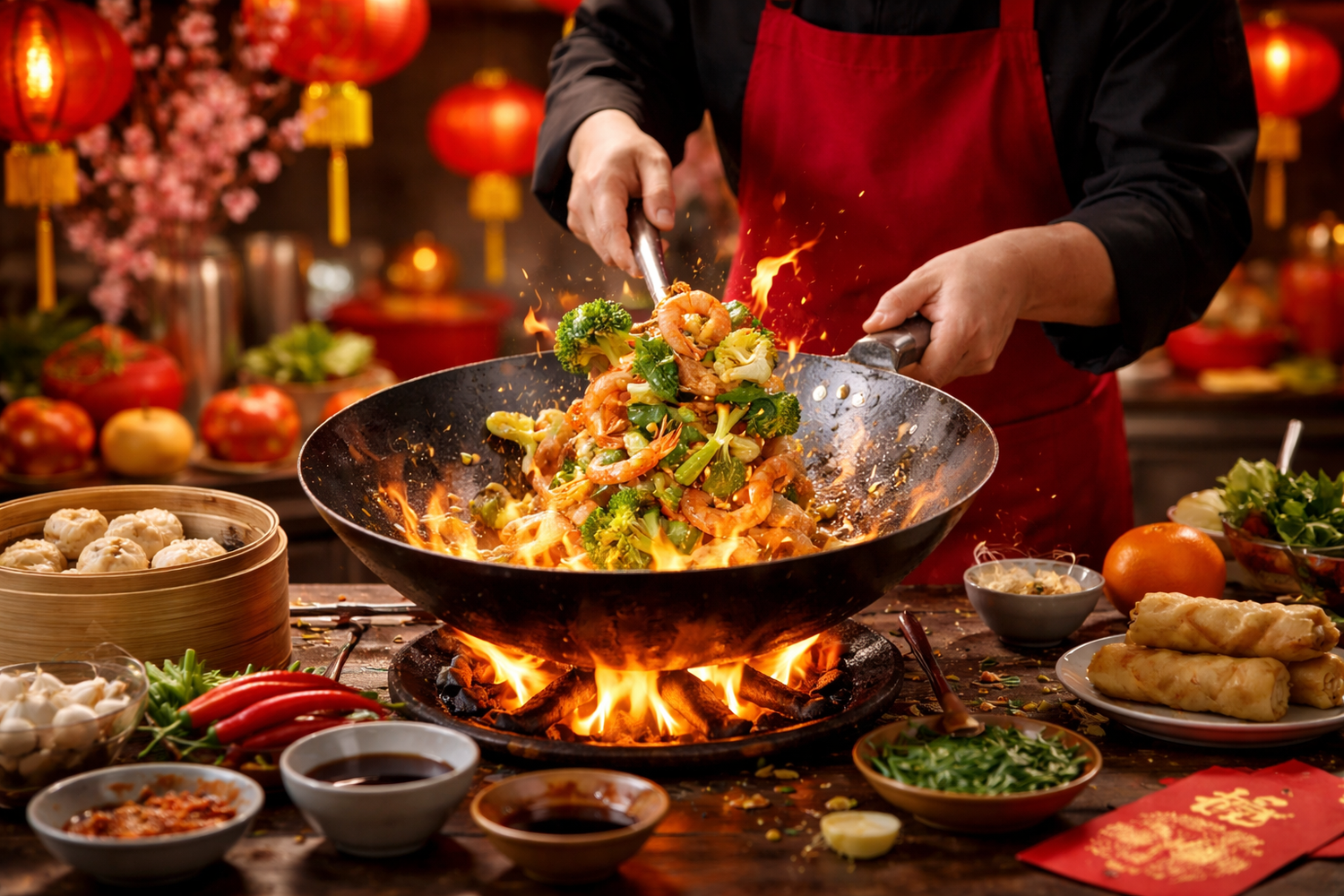 Chinese New Year, chef using a wok cooking stir fry