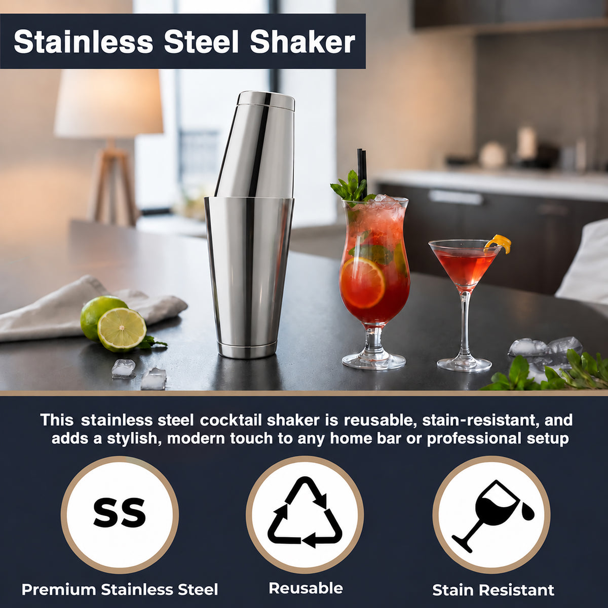 Boston Shaker with Weighted Base – Stainless Steel Professional Cocktail Shaker