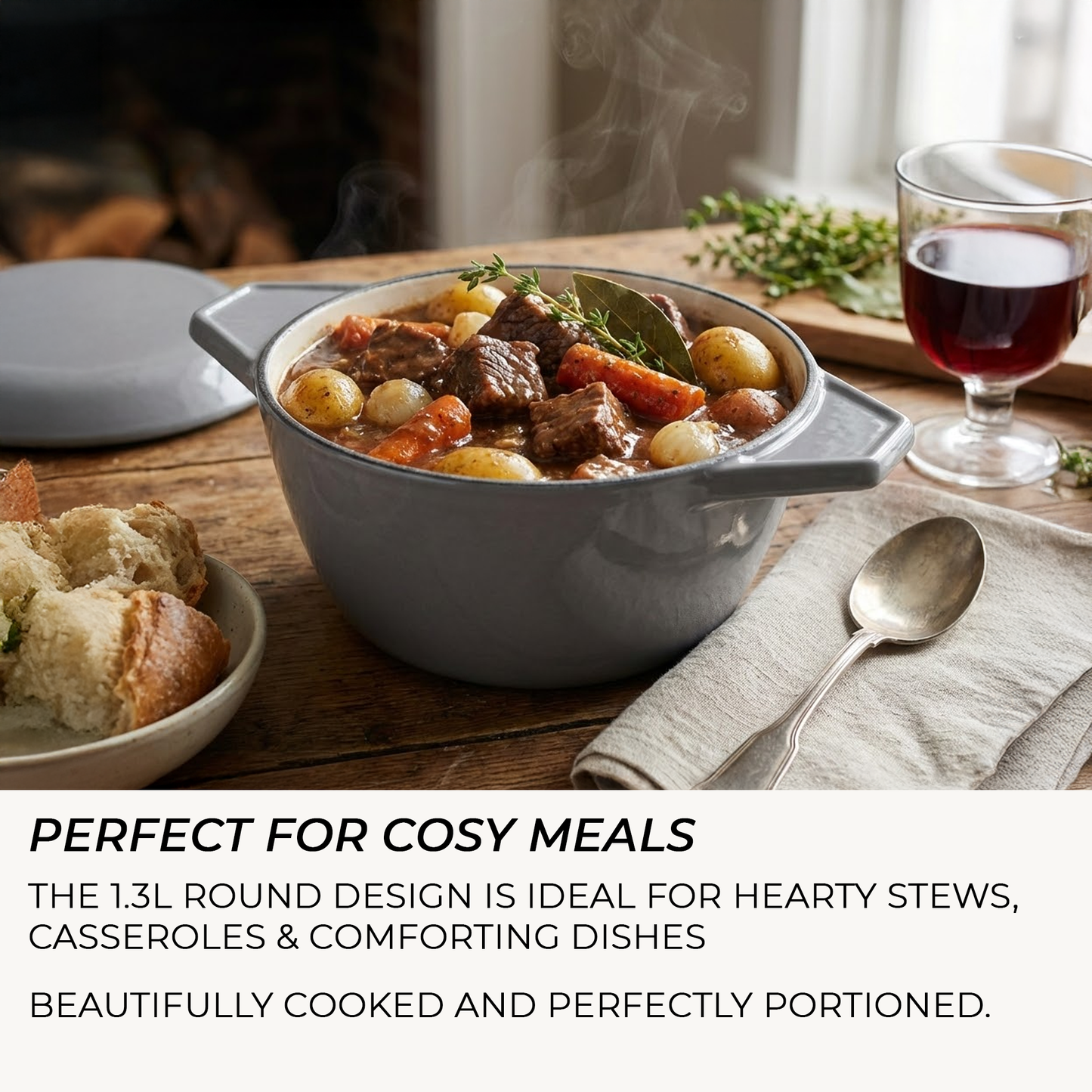Bowl of stew on a wooden table with bread and a glass of red wine, text about the bowl's capacity and use.