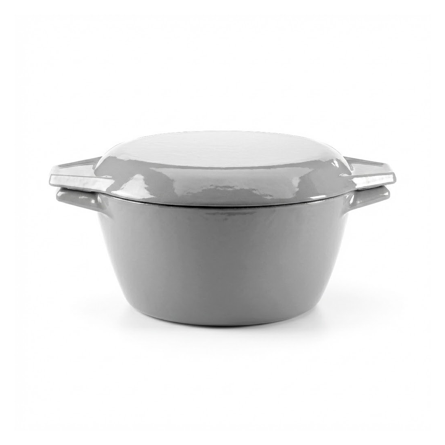 Gray enameled cast iron Dutch oven with a white lid on a white background