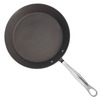 10 inch carbon steel frying pan top view showing seasoned cooking surface