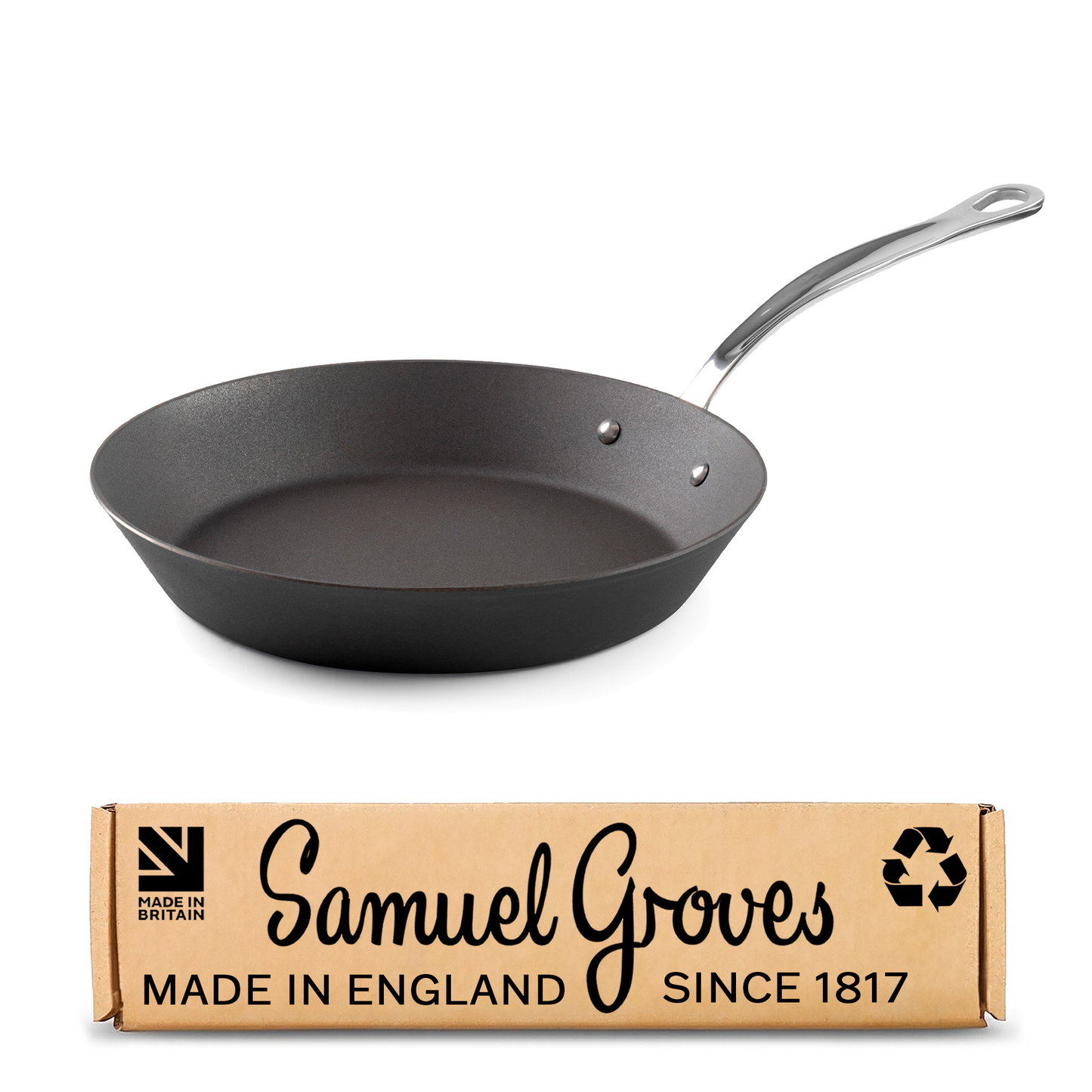10-inch carbon steel frying pan with polished stainless steel handle