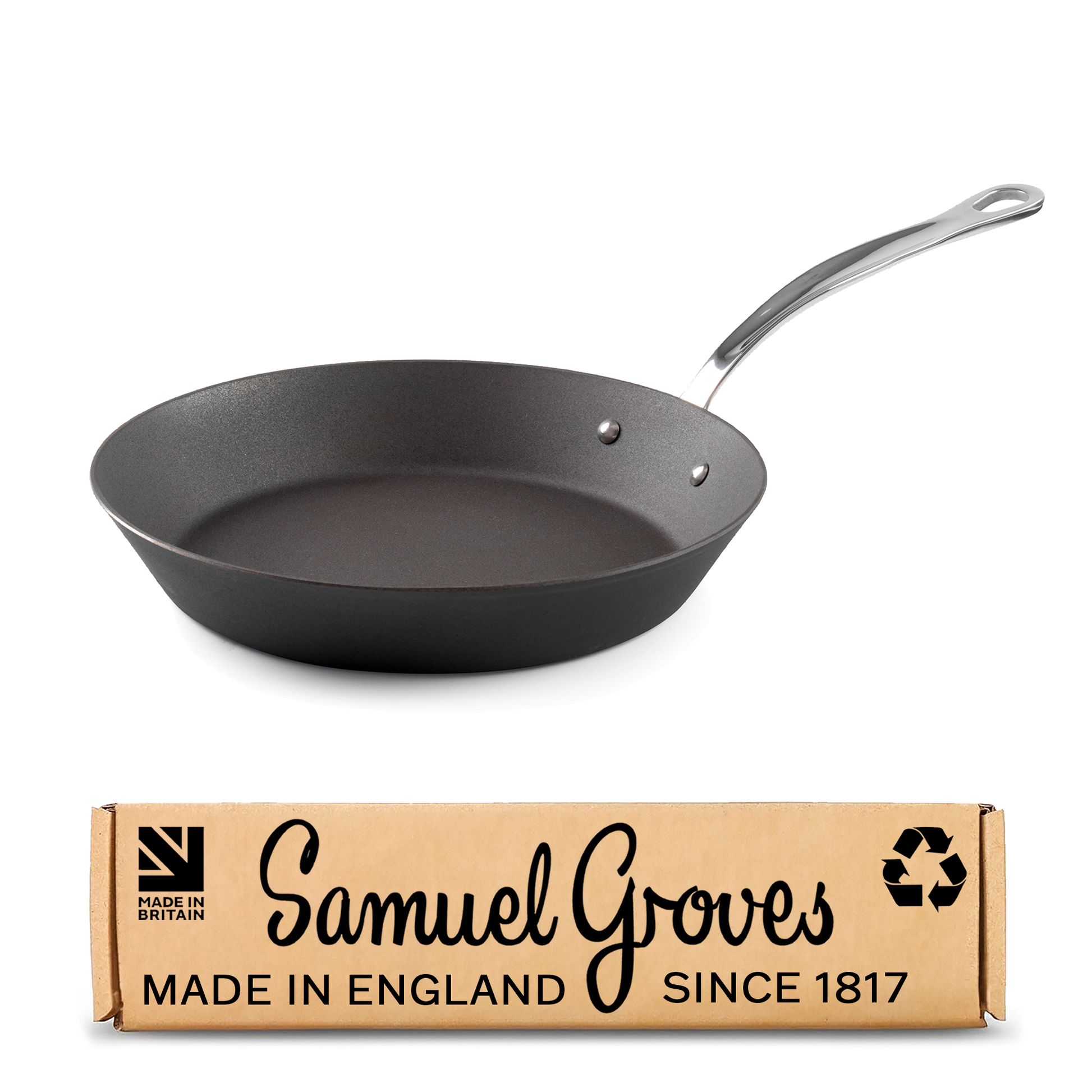10-inch carbon steel frying pan with polished stainless steel handle