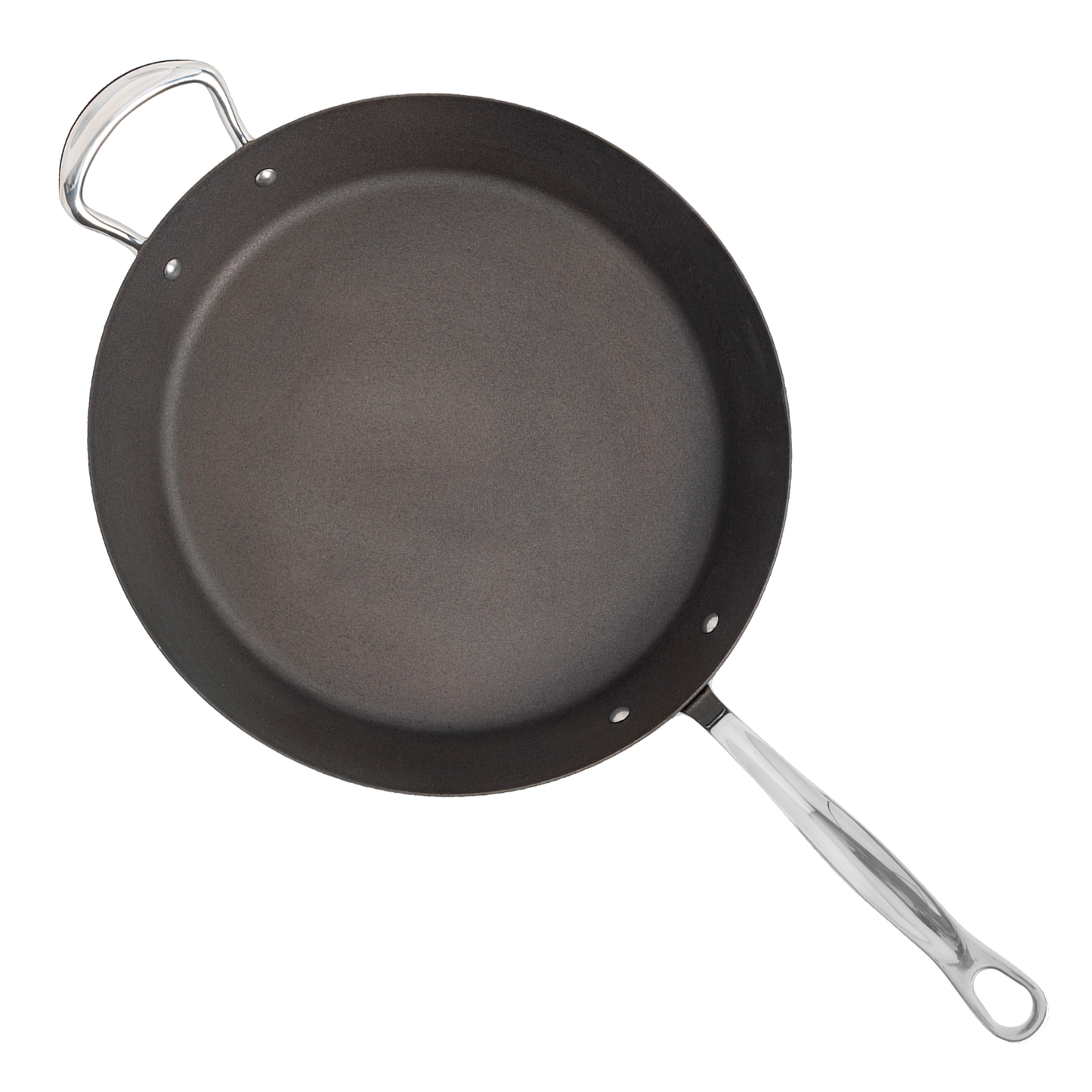 12 inch 30cm carbon steel frying pan top view showing traditional seasoned cooking surface