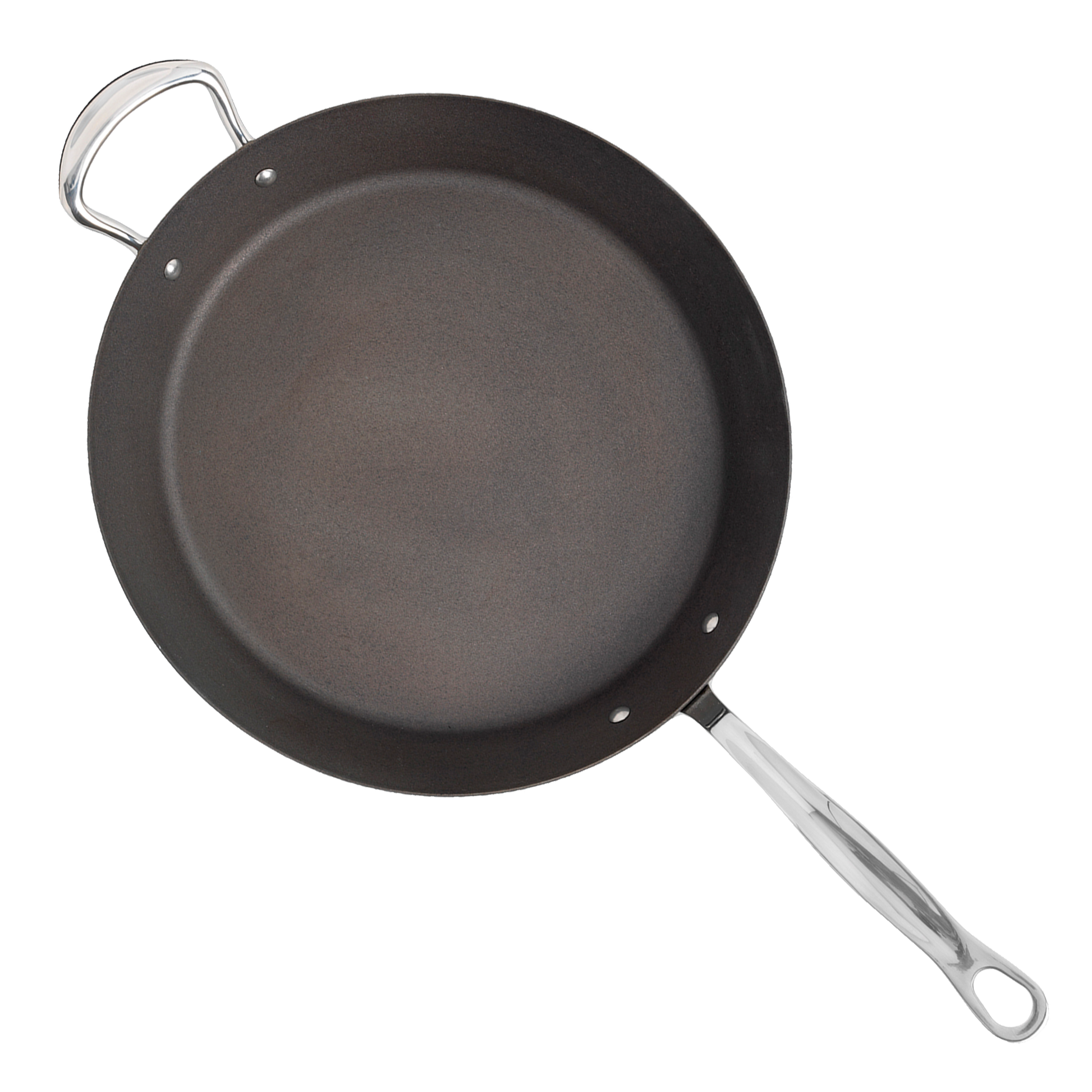 12 inch 30cm carbon steel frying pan top view showing traditional seasoned cooking surface
