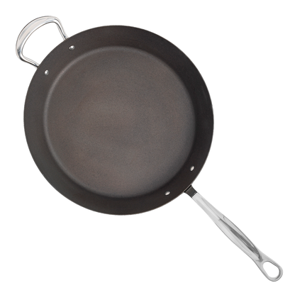 12 inch 30cm carbon steel frying pan top view showing traditional seasoned cooking surface