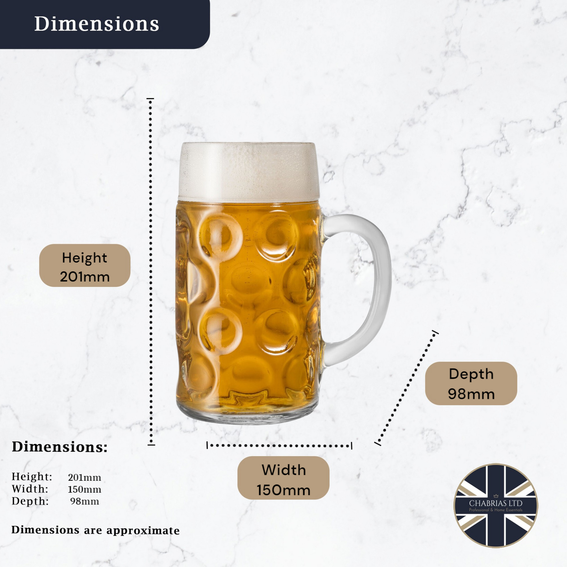 German Beer Stein Glass, 2 Pint - Premium Home from Chabrias Ltd - Just £11.99! Shop now at Chabrias Ltd
