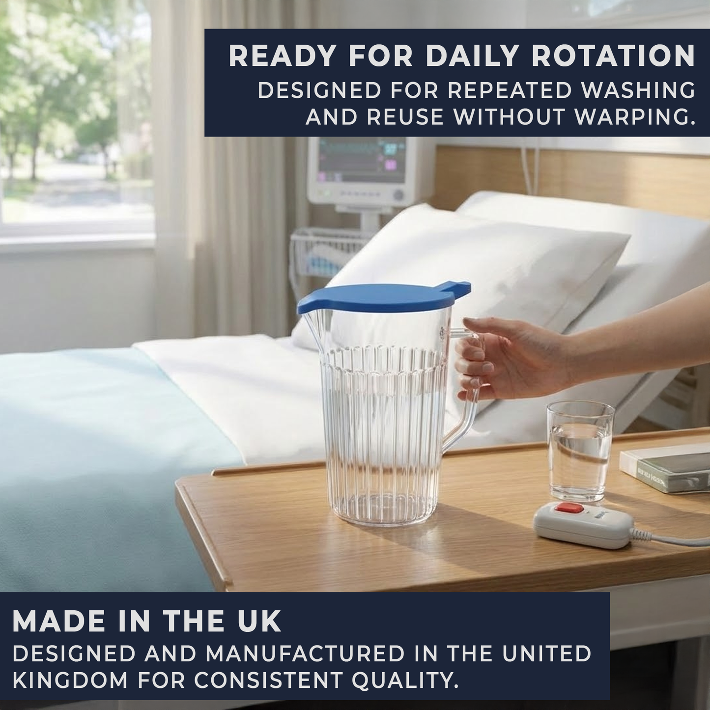 polycarbonate bedside water jug 1400ml antibacterial lid for hygiene in care homes and healthcare settings

