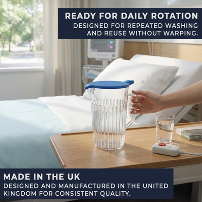 polycarbonate bedside water jug 1400ml antibacterial lid for hygiene in care homes and healthcare settings
