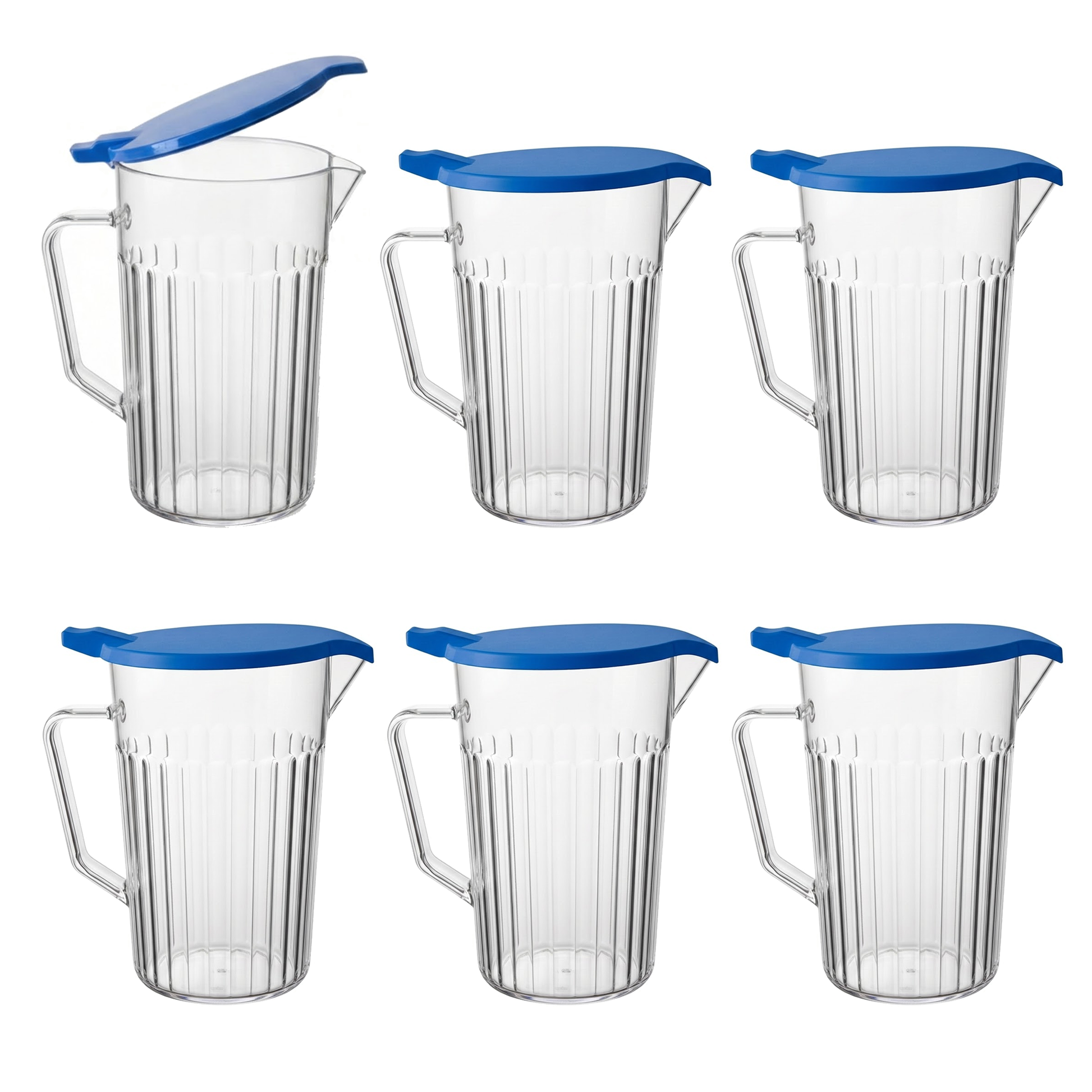 pack of 6 bedside water jugs 1400ml with antibacterial lids in care home setting durable polycarbonate for hospital and elderly use
