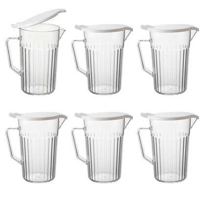 pack of 6 bedside water jugs 1400ml with antibacterial lids in care home setting durable polycarbonate for hospital and elderly use
