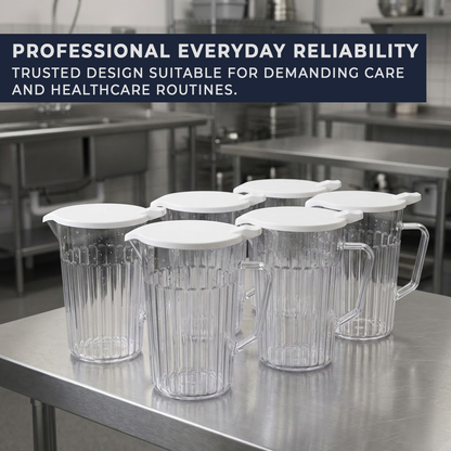 pack of 6 clear polycarbonate water jugs 1400ml white antibacterial lids BPA free durable UK made
