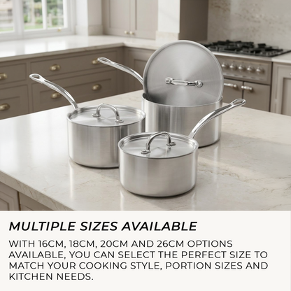 Set of stainless steel cookware on a kitchen counter with text about size options.