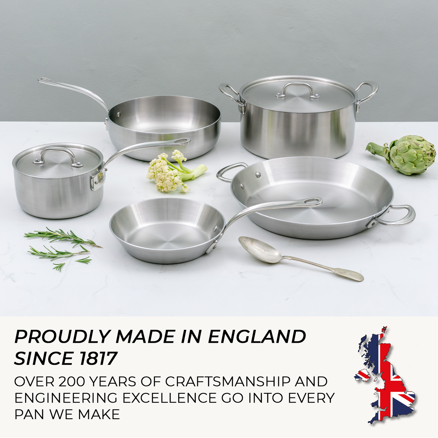 Set of stainless steel cookware on a white surface with text about craftsmanship and engineering excellence.