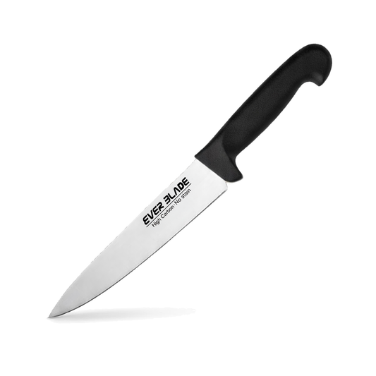 190mm chef’s knife with black handle and stainless steel blade on white background