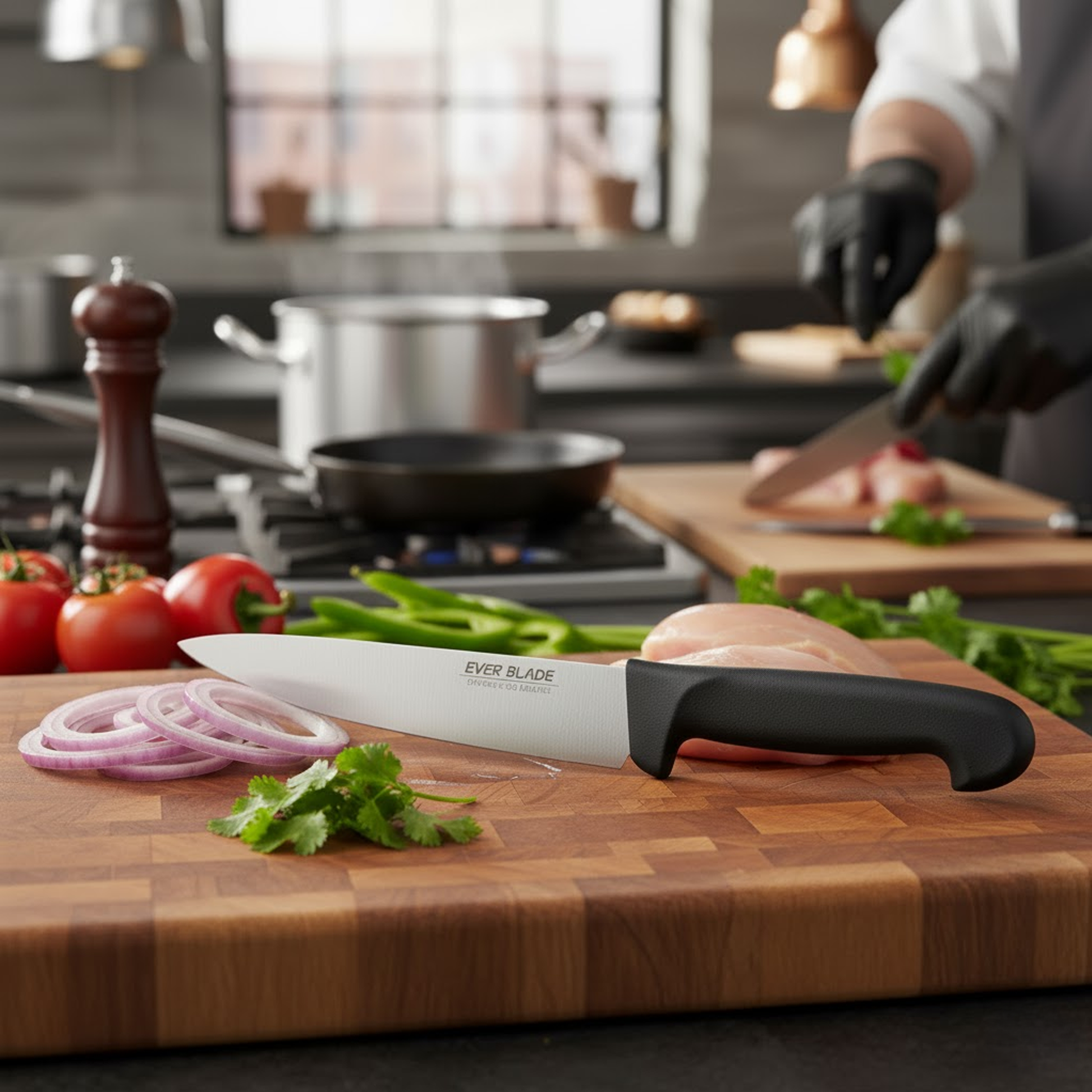 190mm chef’s knife being used for food preparation in a kitchen setting