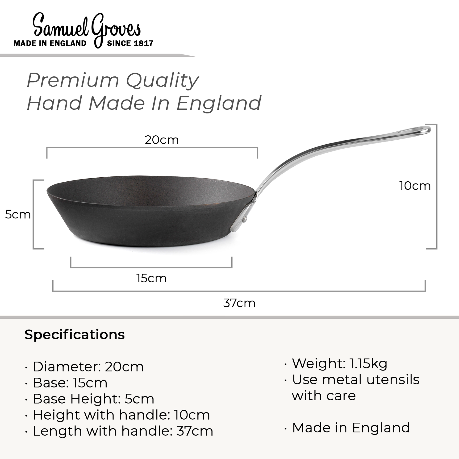 20cm 8 inch carbon steel frying pan dimensions induction compatible UK made