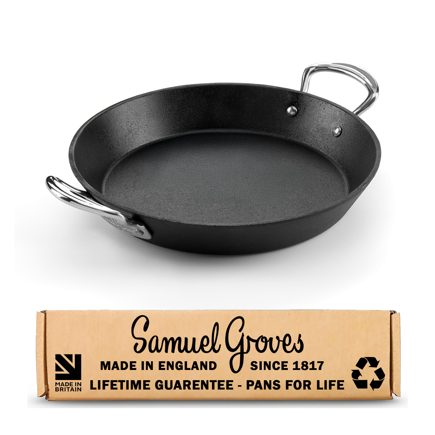 Britannia 20cm cast iron frying pan with side handles made in Great Britain by Samuel Groves