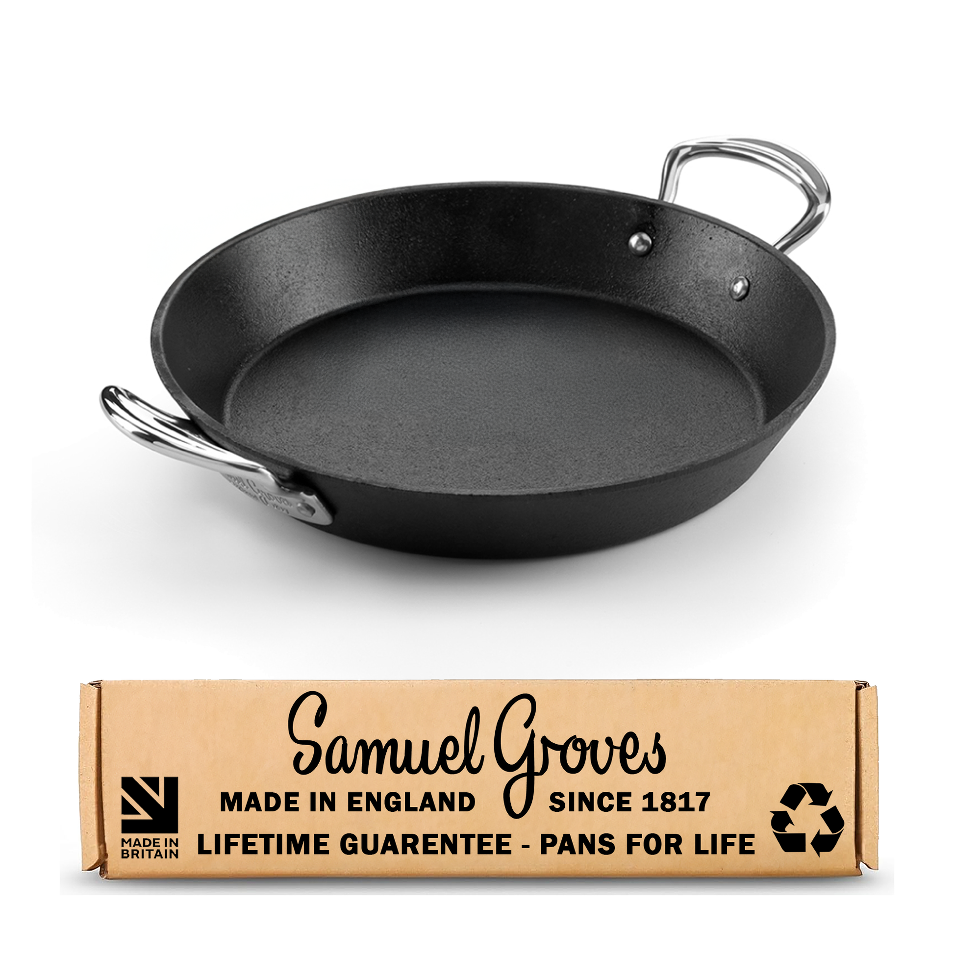 Britannia 20cm cast iron frying pan with side handles made in Great Britain by Samuel Groves