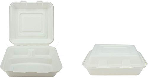 Chabrias Ltd 50x Biodegradable Bagasse Takeaway Takeout Clamshell Container 9"x9"x3" - 3 Compartmet Box White - Premium Home from Chabrias Ltd - Just £14.99! Shop now at Chabrias Ltd