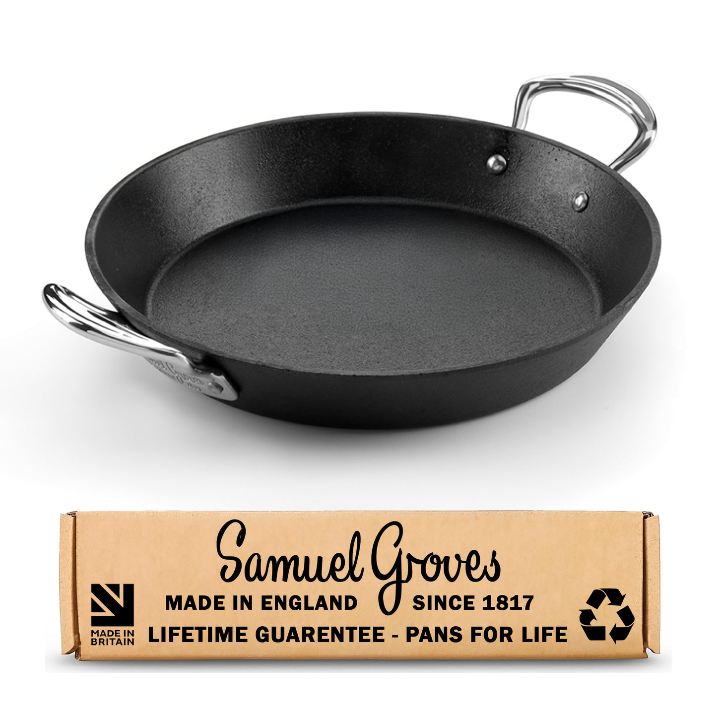 Britannia 24cm cast iron paella pan with side handles made in Great Britain