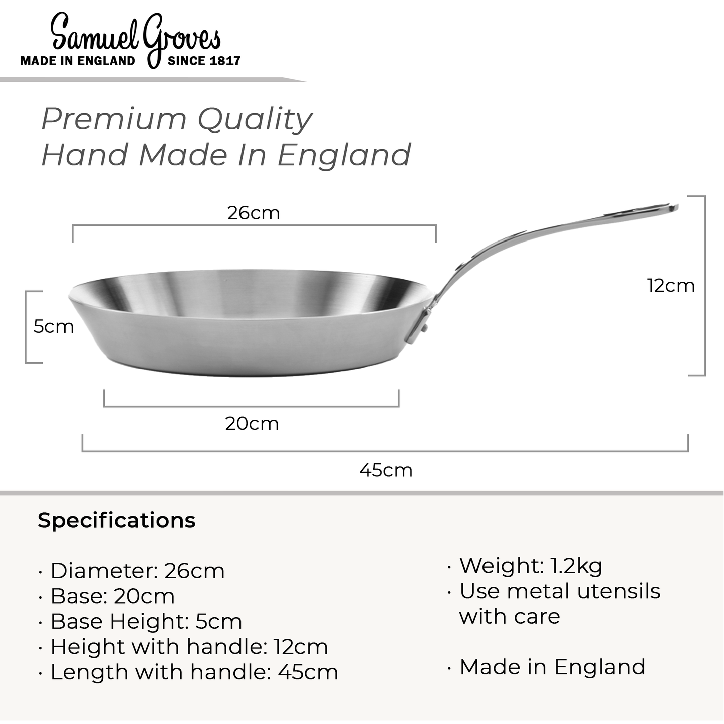 Samuel Groves - Classic Stainless Steel Tri-Ply Frying Pan, 26cm - Lifetime Guarantee