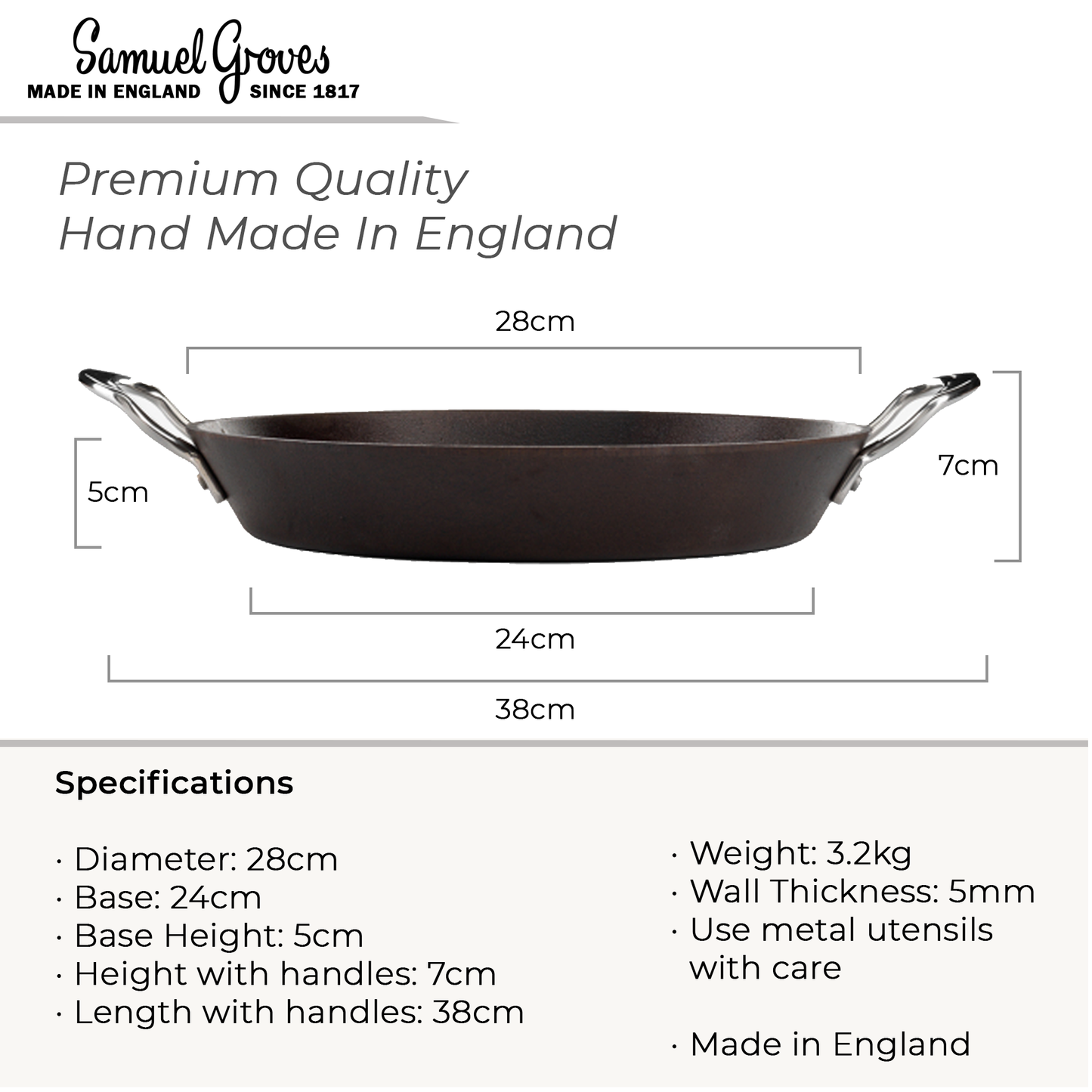Measurement chart of a frying pan with dimensions and specifications, featuring the brand 'Samuel Groves'.