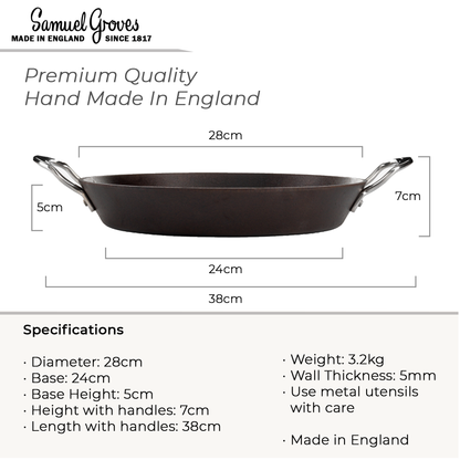 Measurement chart of a frying pan with dimensions and specifications, featuring the brand 'Samuel Groves'.