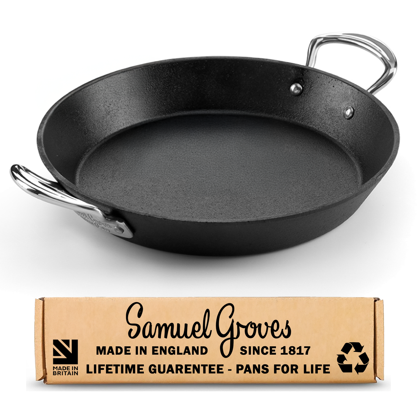 Britannia 28cm cast iron paella pan with side handles made in Great Britain