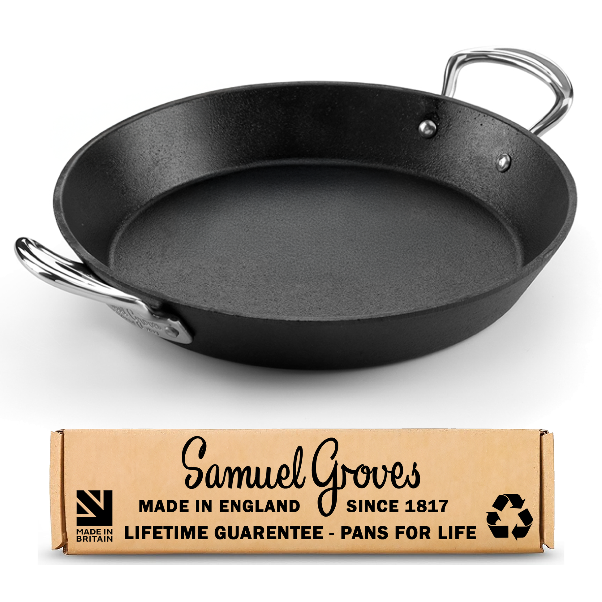 Britannia 28cm cast iron paella pan with side handles made in Great Britain