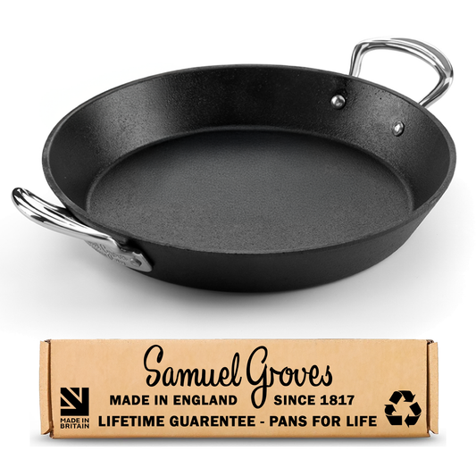 Britannia 28cm cast iron paella pan with side handles made in Great Britain