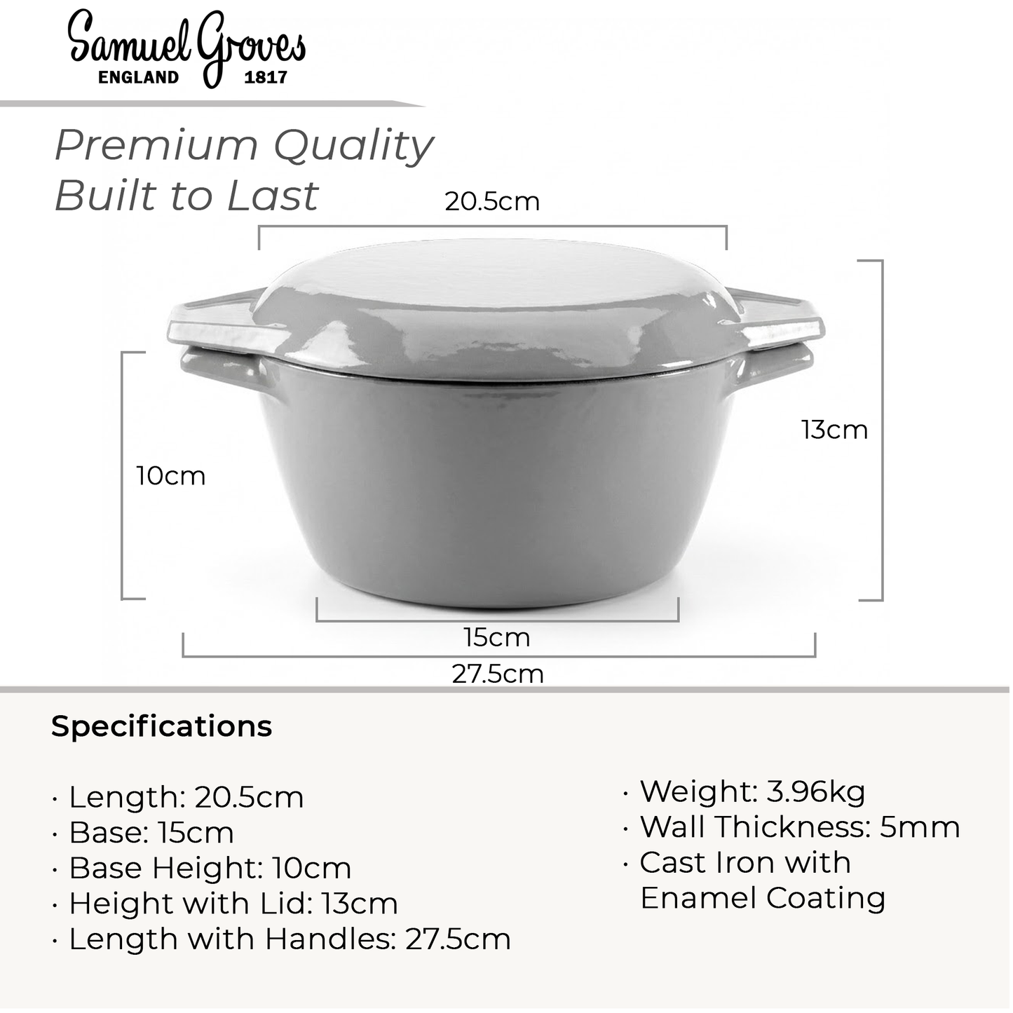 Gray enameled cast iron pot with dimensions and specifications on a white background